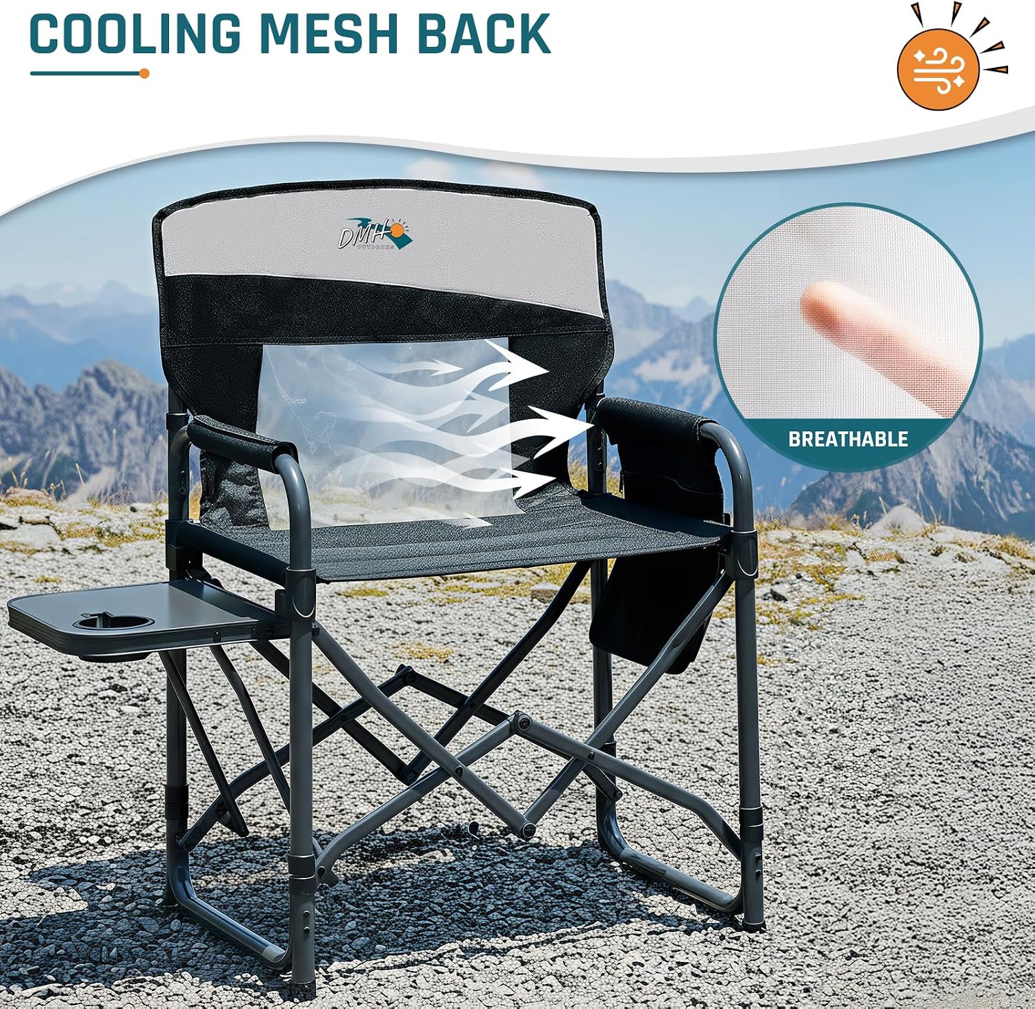 Camping Chairs for Adults Directors Chair with Side Table, 1-Step Setup, Mesh Backrest Folding Lawn Chairs with
