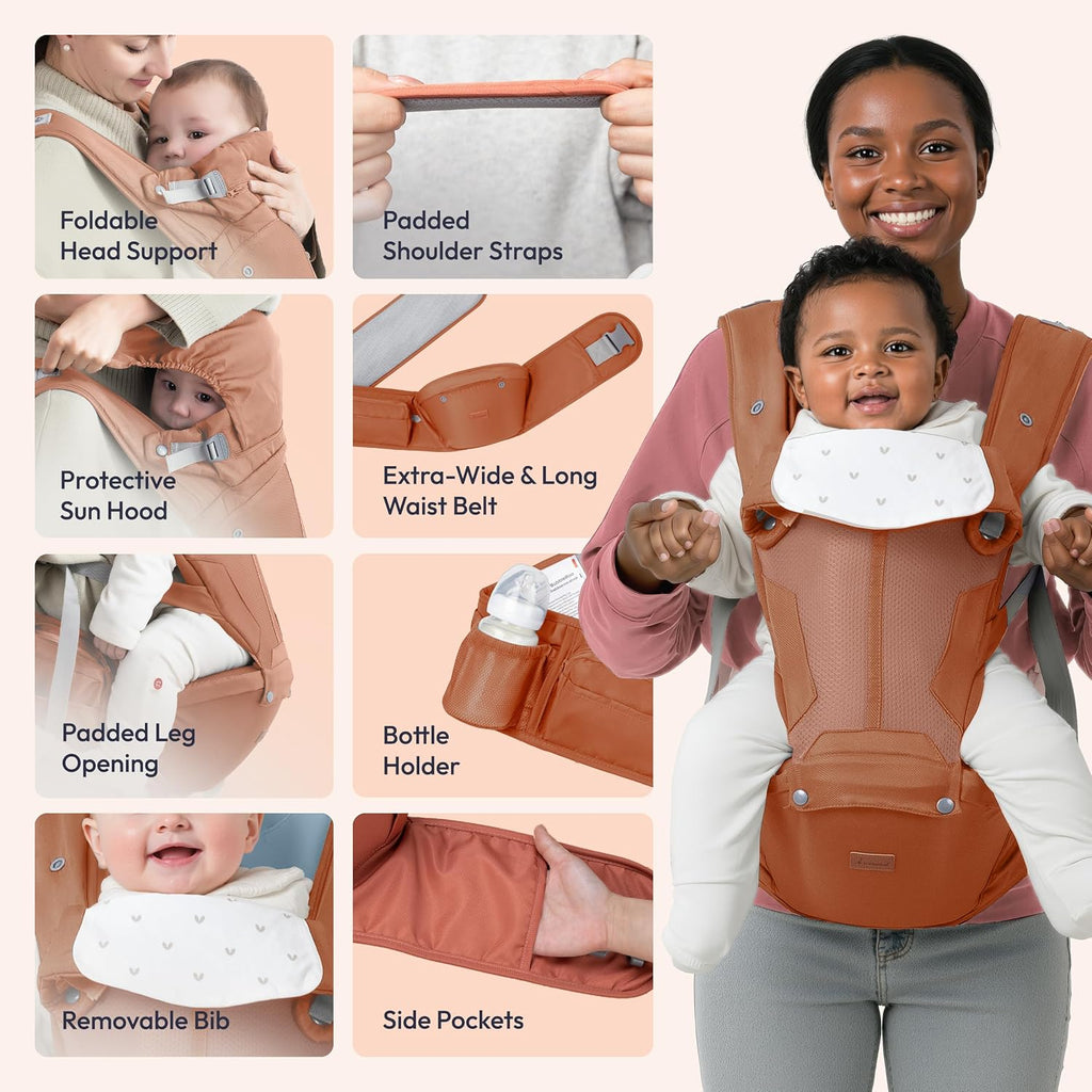 6-in-1 Baby Carrier with Hip Seat, Ergonomic Newborn to Toddler Carrier 7–50 lbs, Front Back Hip Carry, Lumbar