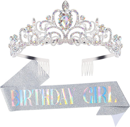 Birthday Sash & Tiara Set - Aurora Borealis Rhinestone Tiara + Silver Sash for Women's Birth Party Decoration Kit