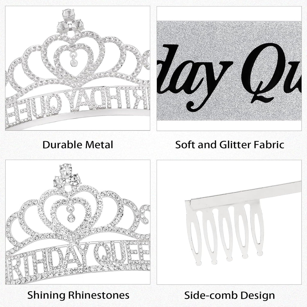 Silver Birthday Queen Sash and Crown for Girls Adult Woman Crystal Birthday Tiaras for Girls Princess Crowns