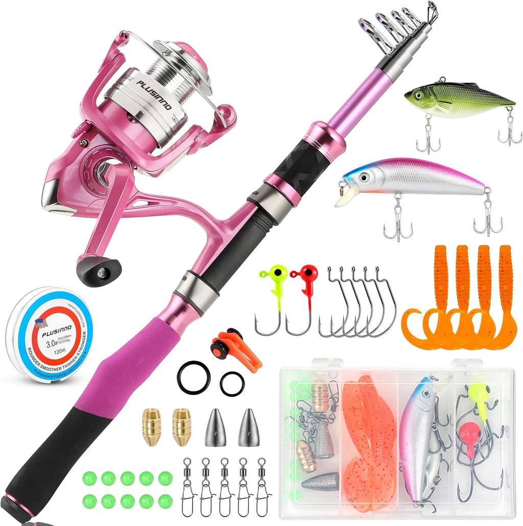 Fishing Rod and Reel Combos, Fishing Gear Gifts for Women with Spinning Reel, Lures, Line, Pink Ladies Telescopic