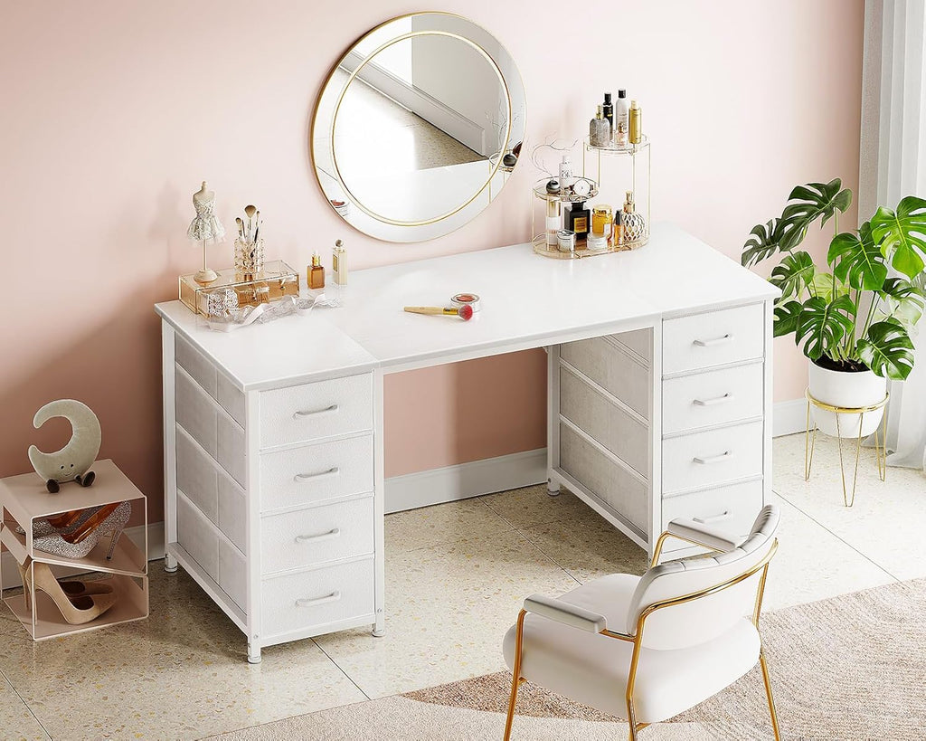 48 Inch White Computer Desk with 8 Fabric Drawers, Modern Office Desk with Large Storage for Home Office, Study