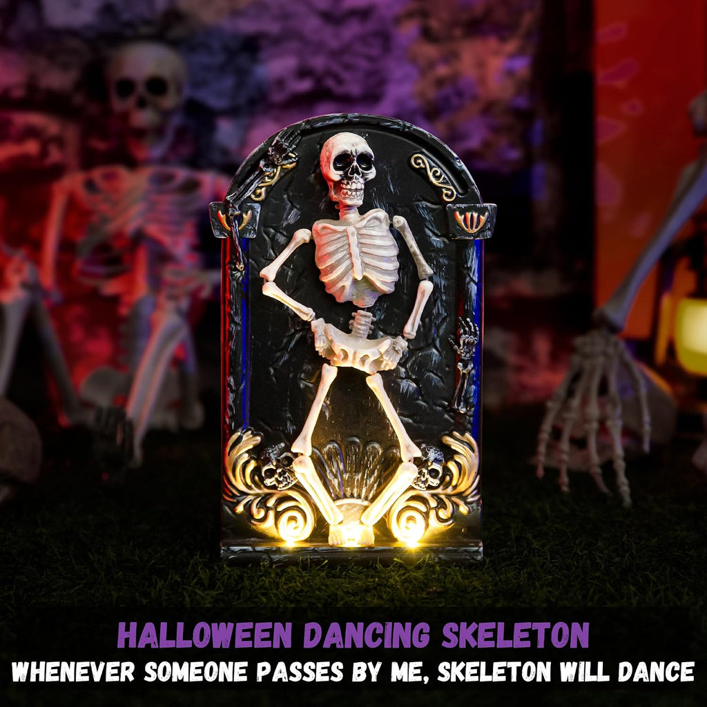 Halloween Decorations Animatronic Dancing Skeleton Built-in Tombstone with Music, Posable Arms & Legs Haunted House
