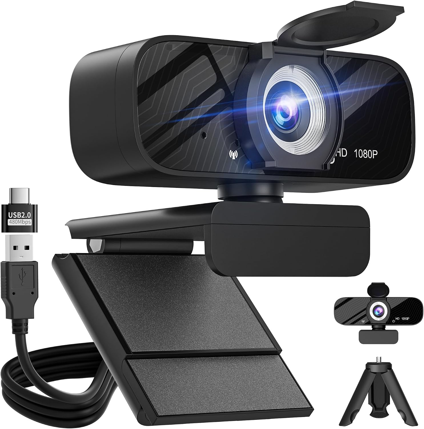 Full HD 1080P Video Webcam, Noise Cancellation, Privacy Cover, Wide-Angle Lens, Auto Light Correction, Plug & Play