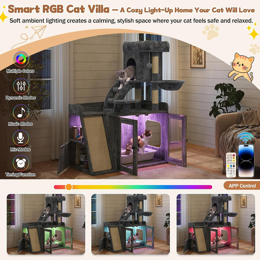 All-in-One Cat Tree with Hidden Litter Box Enclosure, Grey Wooden Cat Tower with LED Light, Sisal Scratching Board