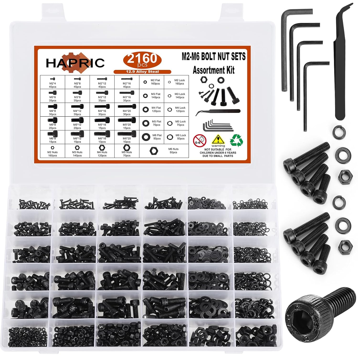 2160 Pcs Metric Screw Assortment Metric Bolts M2 M3 M4 M5 M6 Nuts and Bolt Kit, 12.9 Alloy Steel Black Zinc Plated
