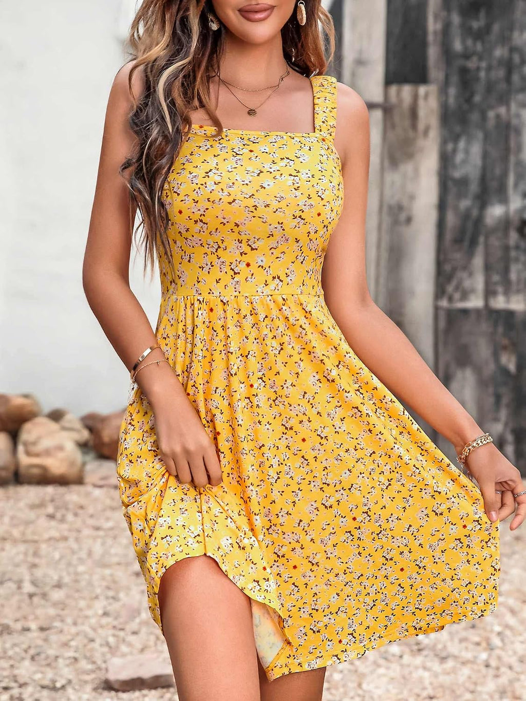 Women's Summer Casual Square Neck Dress with Pocket Cute Short Dress