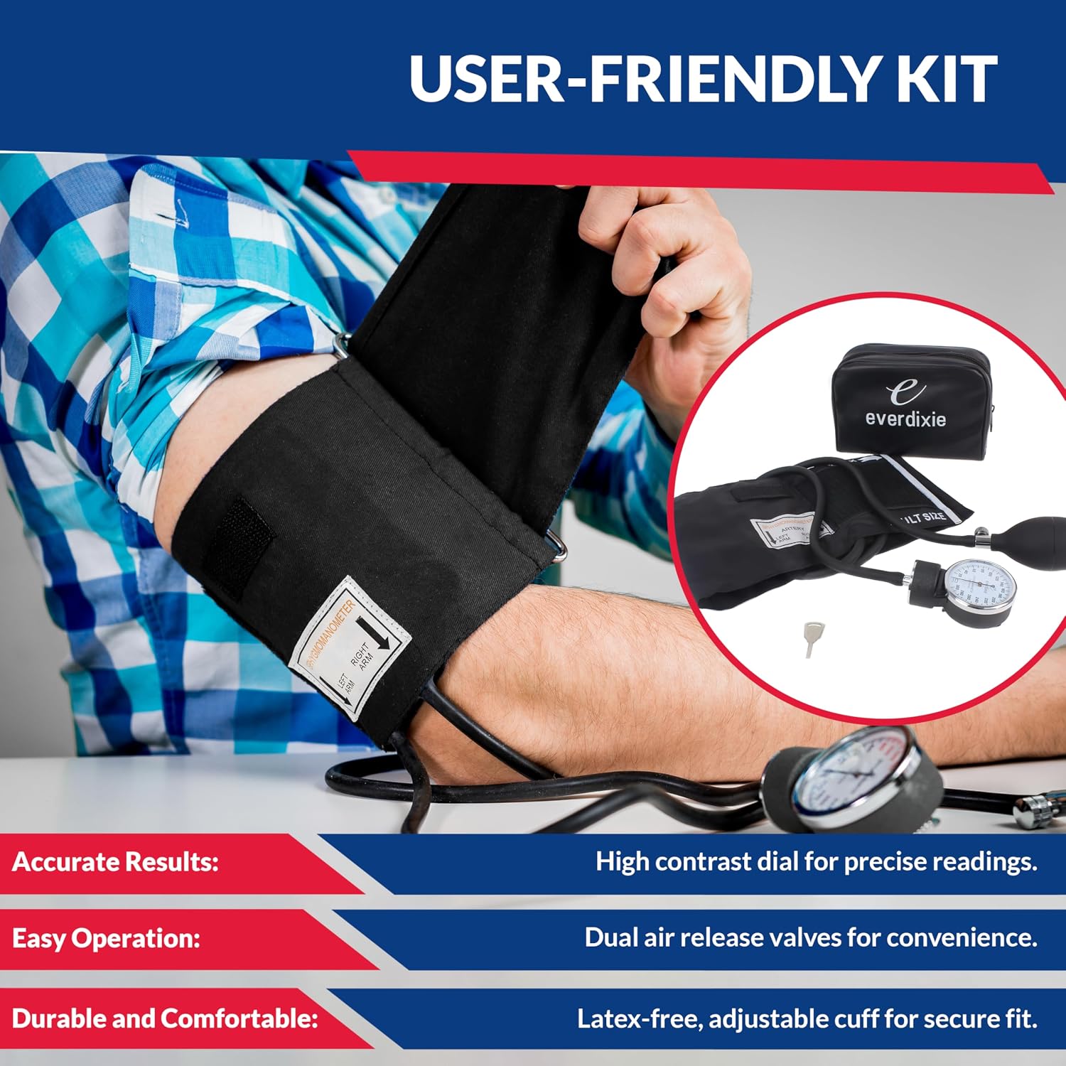 Deluxe Aneroid Sphygmomanometer Blood Pressure Set W/Adult Cuff, Carrying Case and Calibration Tool - Black