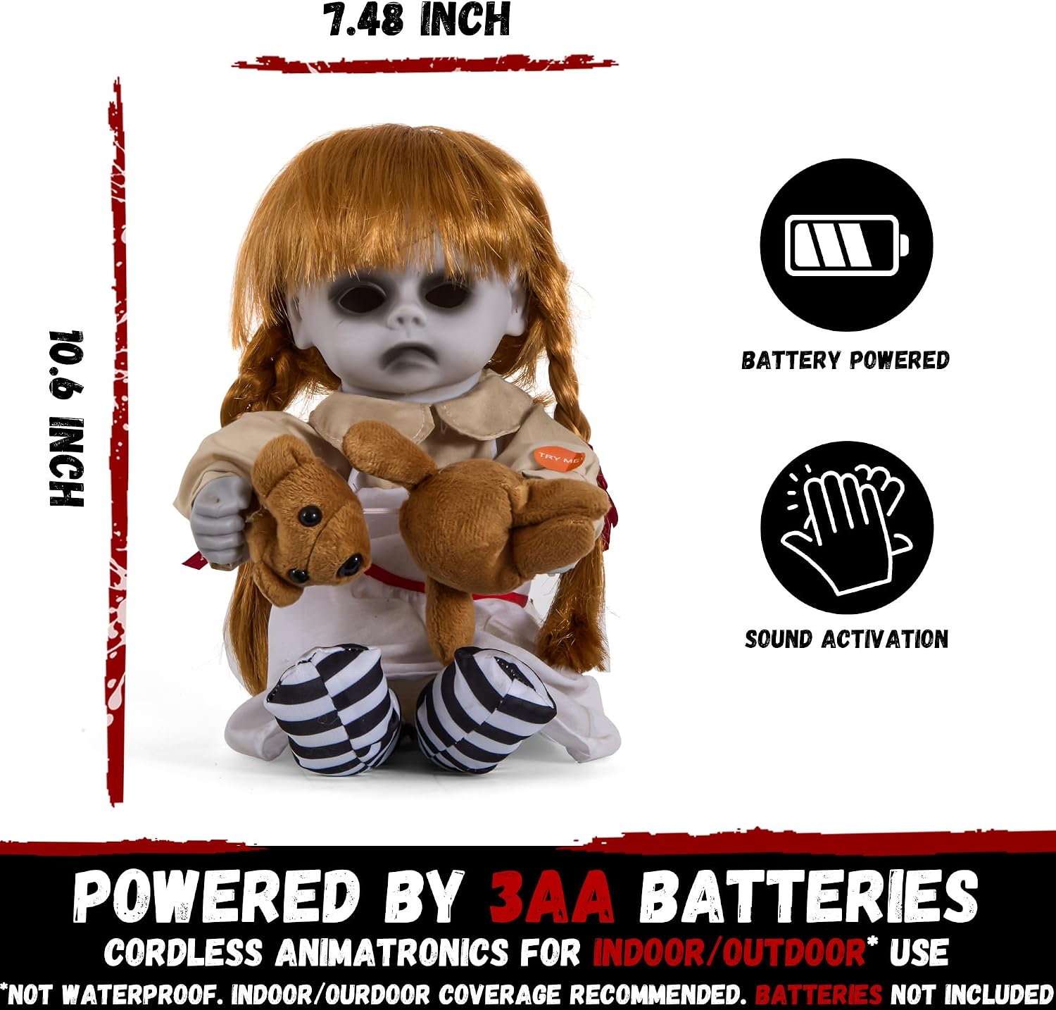 Halloween Animatronic 10inch Creepy Girl Doll, Halloween Animated Decorations with Sound Activated Spooky Sound