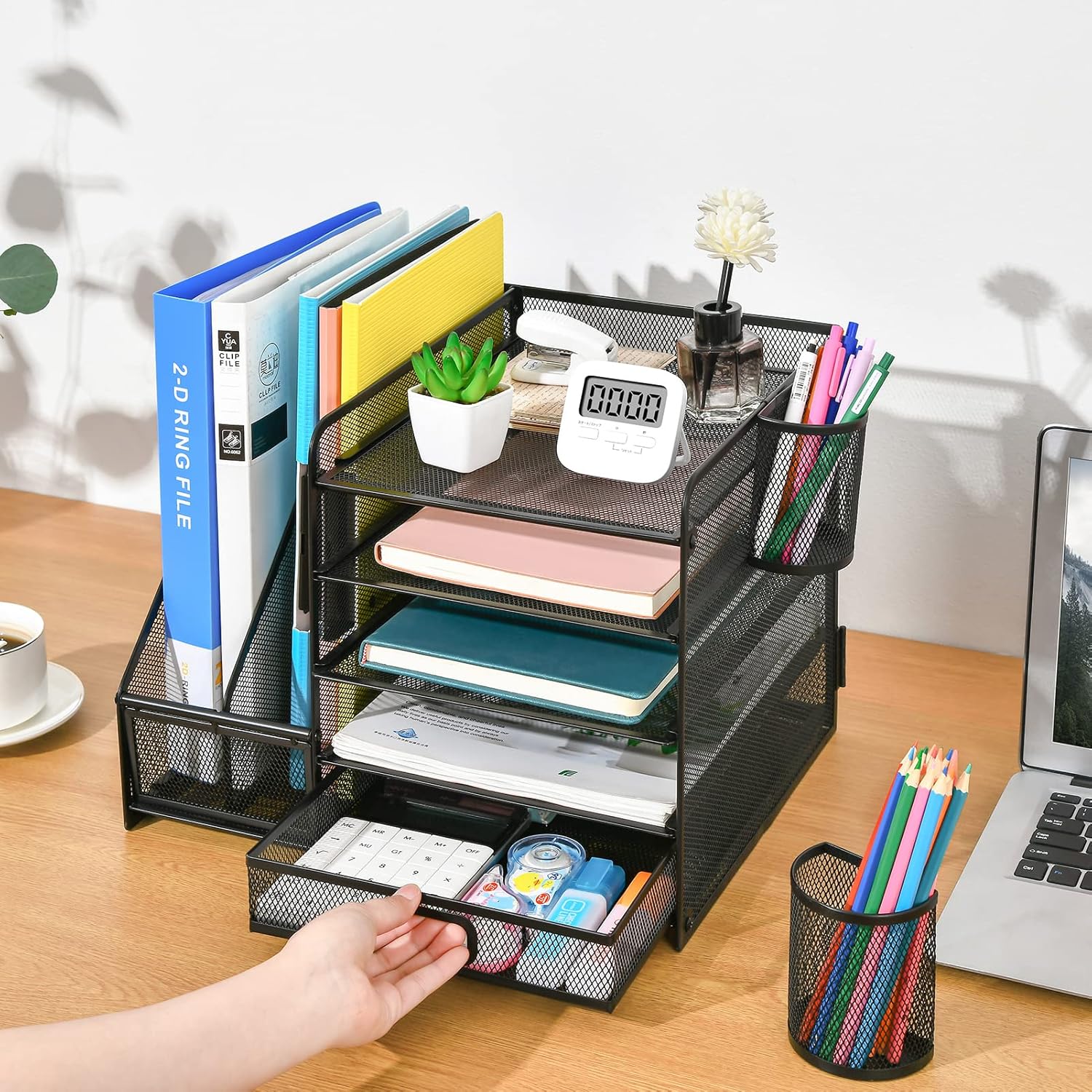Desk Organizer with File Holder, 5-Tier Paper Letter Tray Organizer with Drawer and 2 Pen Holder, Mesh Desktop