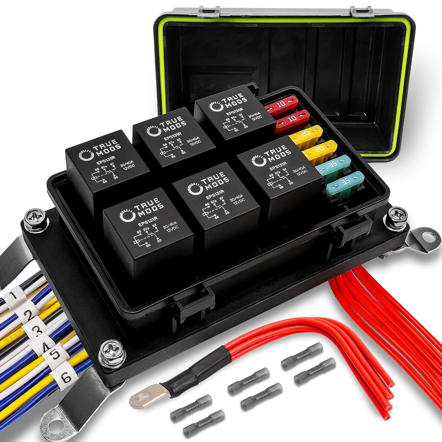 True MODS 12V Automotive Waterproof 5-Pin Prewired Relay Fuse Box Block Kit | 6 Gang 30A/40A Bosch Style Relay Block