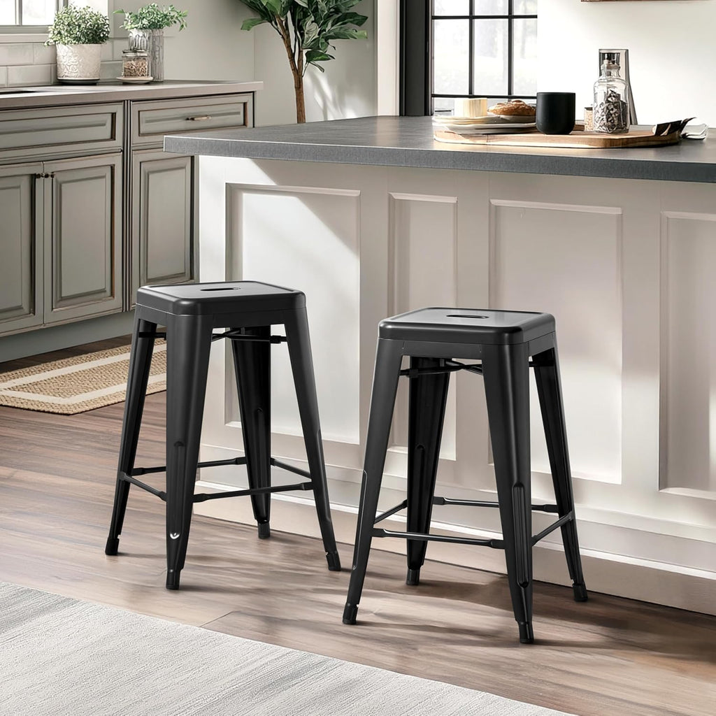 24 Inch Metal Bar Stools Set of 4, Stackable Barstools, Black