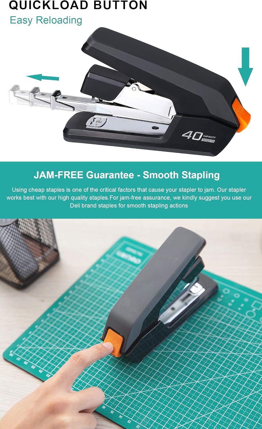 Effortless Desktop Stapler, 40 Sheet Capacity, One Finger Stapling