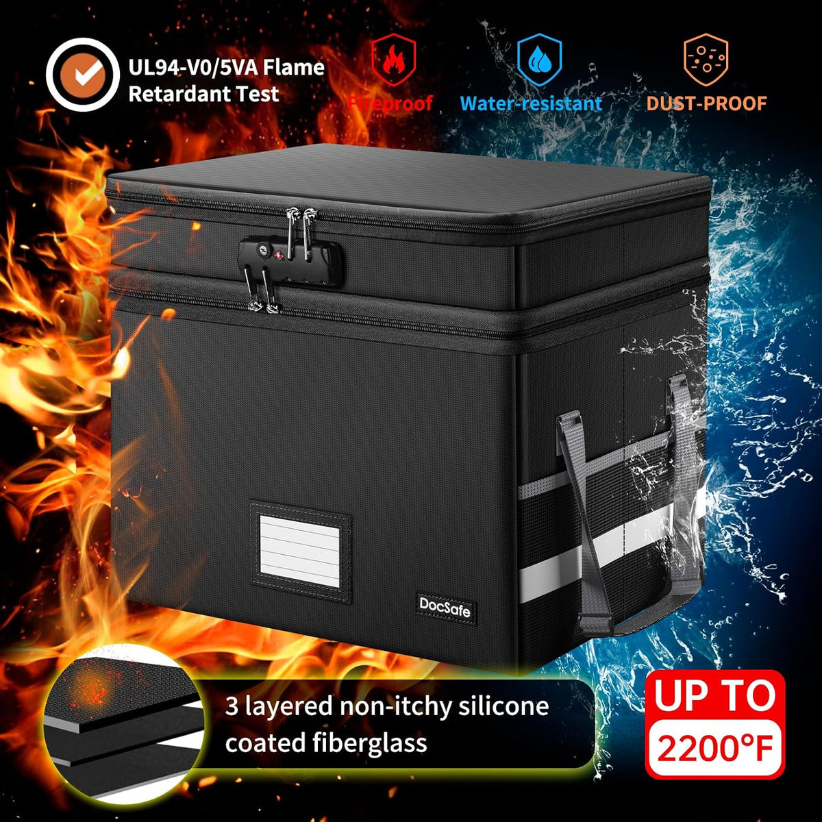 File Box with Lock,Multi-Layer Fireproof Document Box Collapsible File Storage Organizer with Pockets/Handle,Large