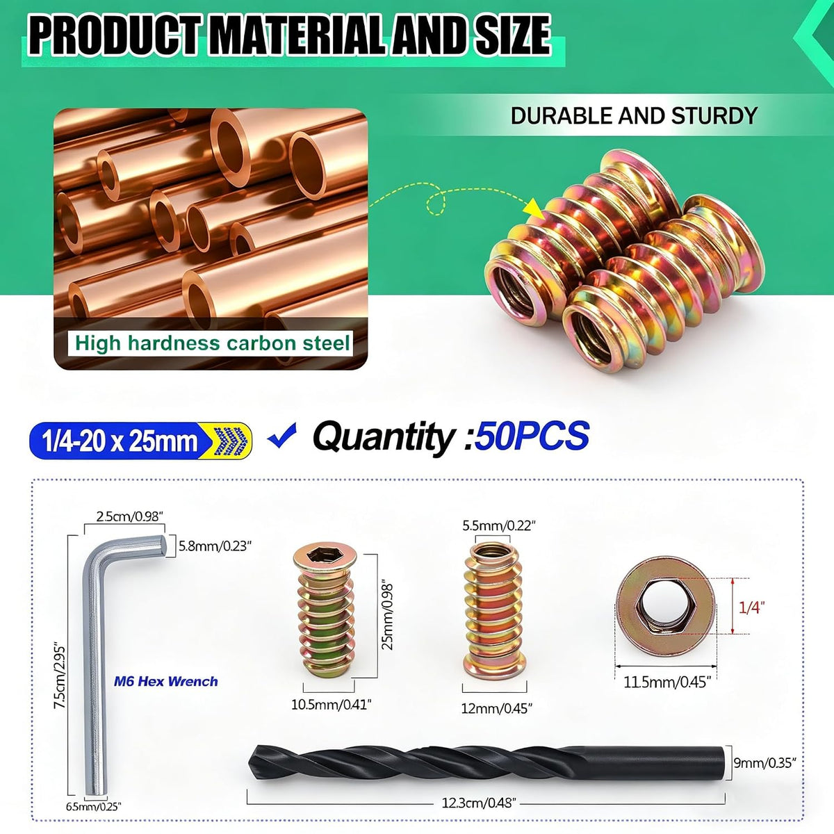 Twidec/50PCS 1/4"-20 Threaded Inserts for Wood Furniture Screw-in Nut Wood Inserts Bolt Assortment Kit with M6 Hex Wrench (1/4"-20 x25mm) N-059-1/4x25