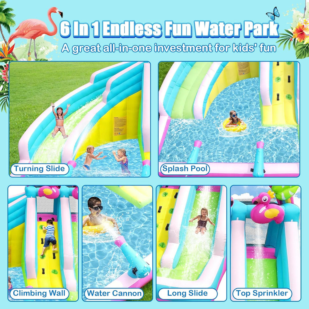 Inflatable Water Slide, 6 in 1 Blow Up Water Park Aged 3-10, Flamingo Style Water Bounce House with Double Long