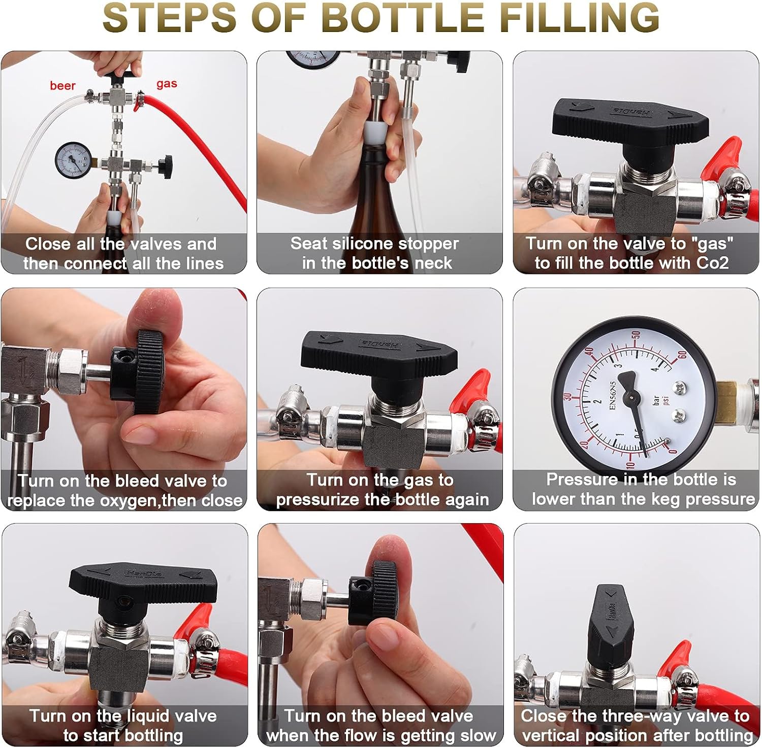 Counter Pressure Bottle Filler Stainless Steel Bottle Filler Counter Pressure Beer Bottling Wand 60psi CO2 Gauge 1/4