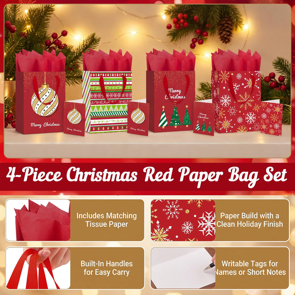 4 Pack 10.6" Christmas Red Gift Bags with Handles