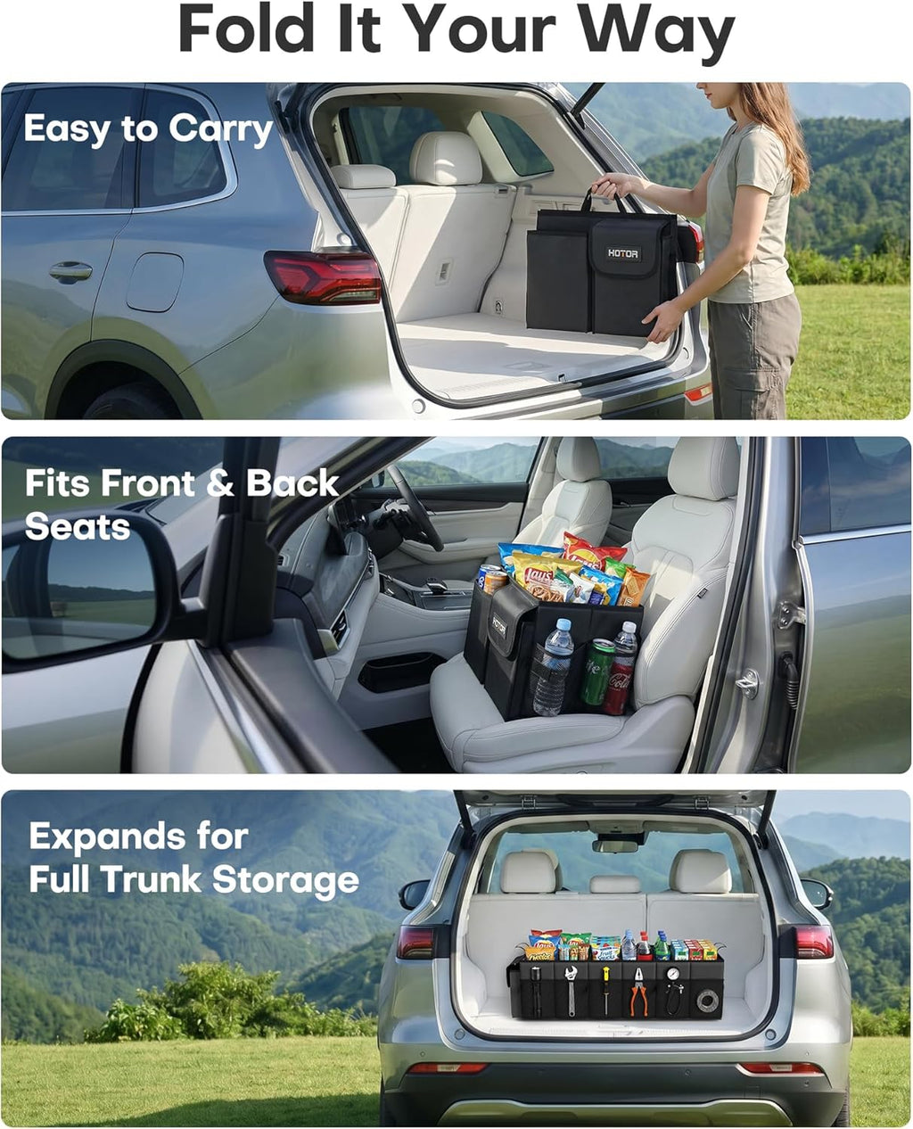 Trunk Organizer, Sturdy Foldable with Cooler for Car & SUV, 3 Compartments, Black, 30.90”×12.60”×10.63”