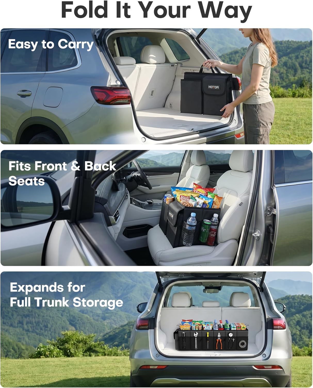Trunk Organizer, Sturdy Foldable with Cooler for Car & SUV, 3 Compartments, Black, 30.90”×12.60”×10.63”