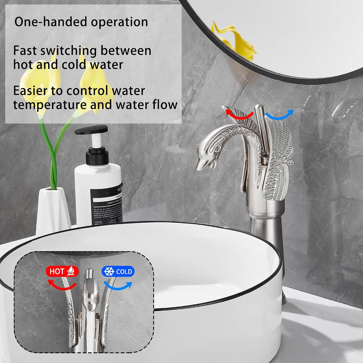 Brushed Nickel Swan Shape Single Handle 1Hole Bathroom Vessel Sink Faucet Deck Mount Lavatory Sink Faucet