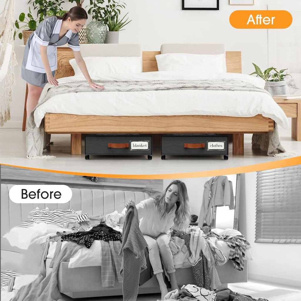 Under Bed Storage with Wheels 2Pack Storage Containers with Clear Window&Label Under Bed Drawers Rolling Under Bed