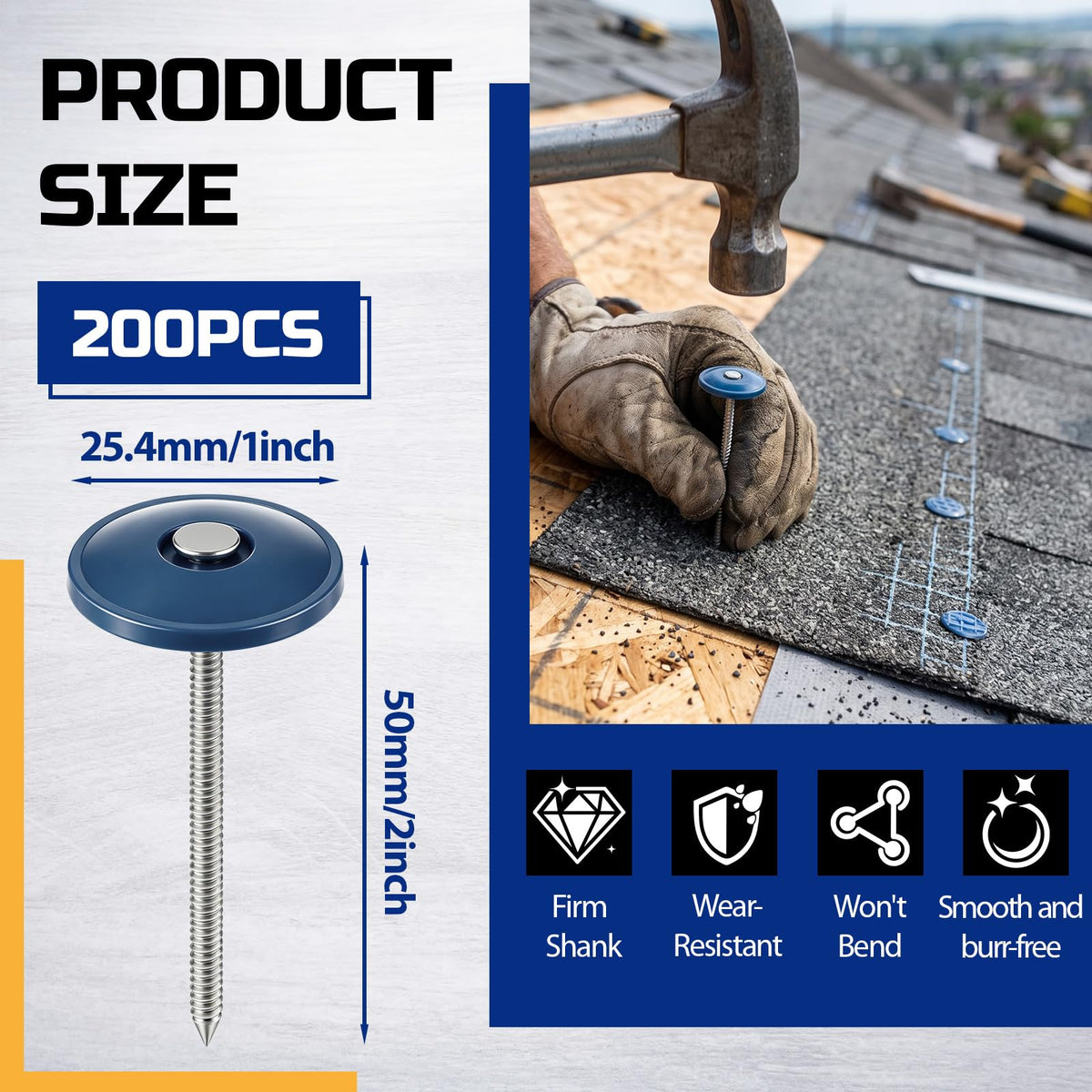 200 Pack 2 Inch Plastic Cap Nails, Round Roofing Nails, Blue