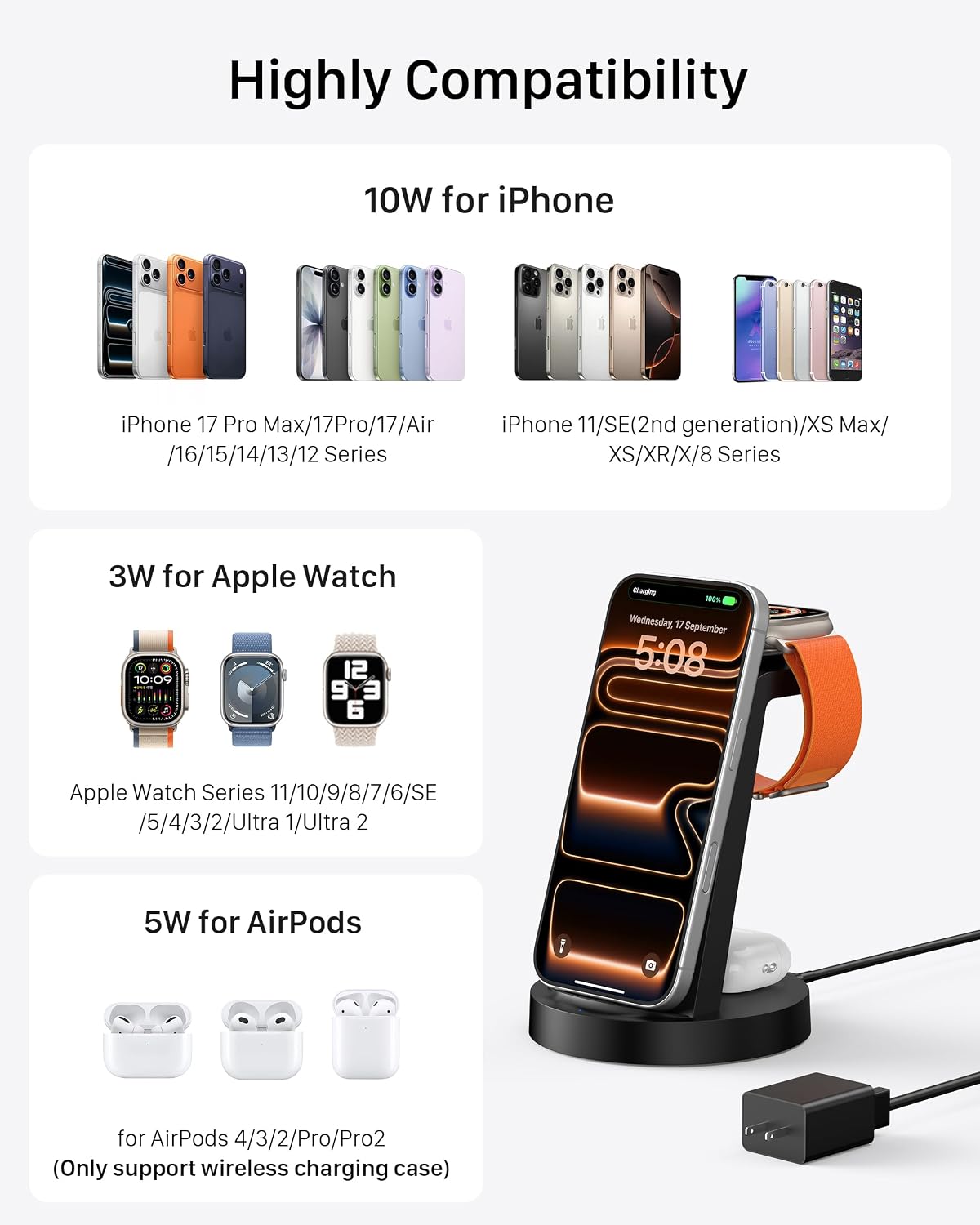 3 in 1 Charging Station for iPhone, Wireless Charger for iPhone 17 16e 16 15 14 13 12 11 X Pro Max & Apple Watch