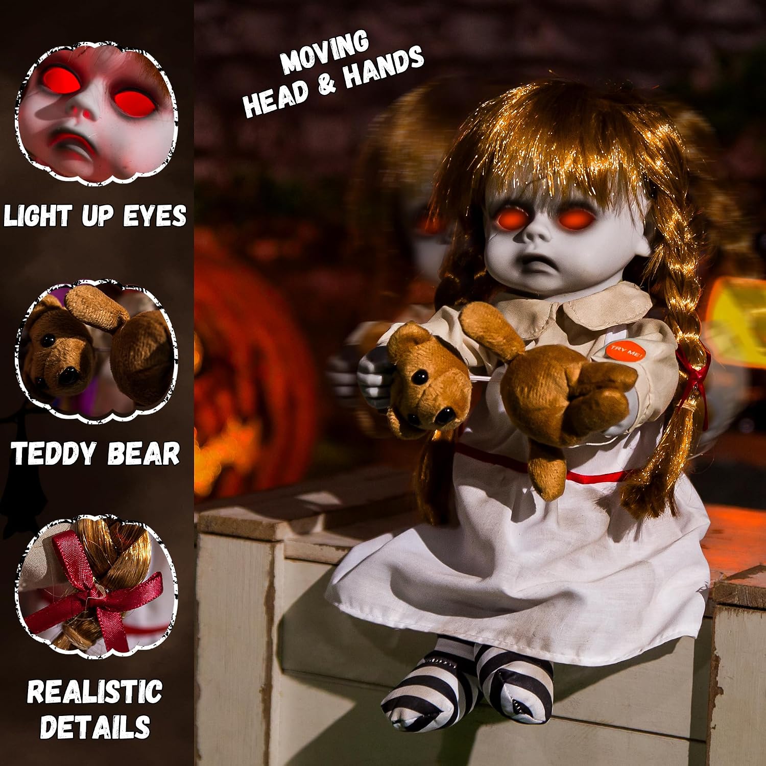 Halloween Animatronic 10inch Creepy Girl Doll, Halloween Animated Decorations with Sound Activated Spooky Sound