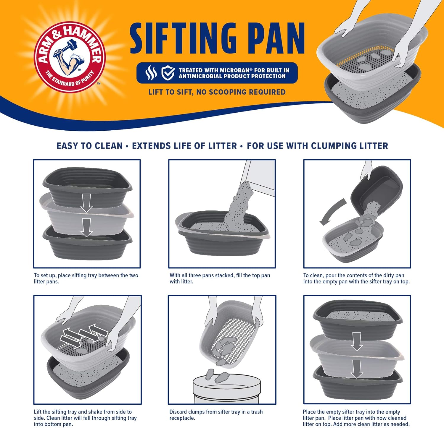 Large Sifting Litter Box Scoop Free Cat Litter Tray with Microban, Made in USA
