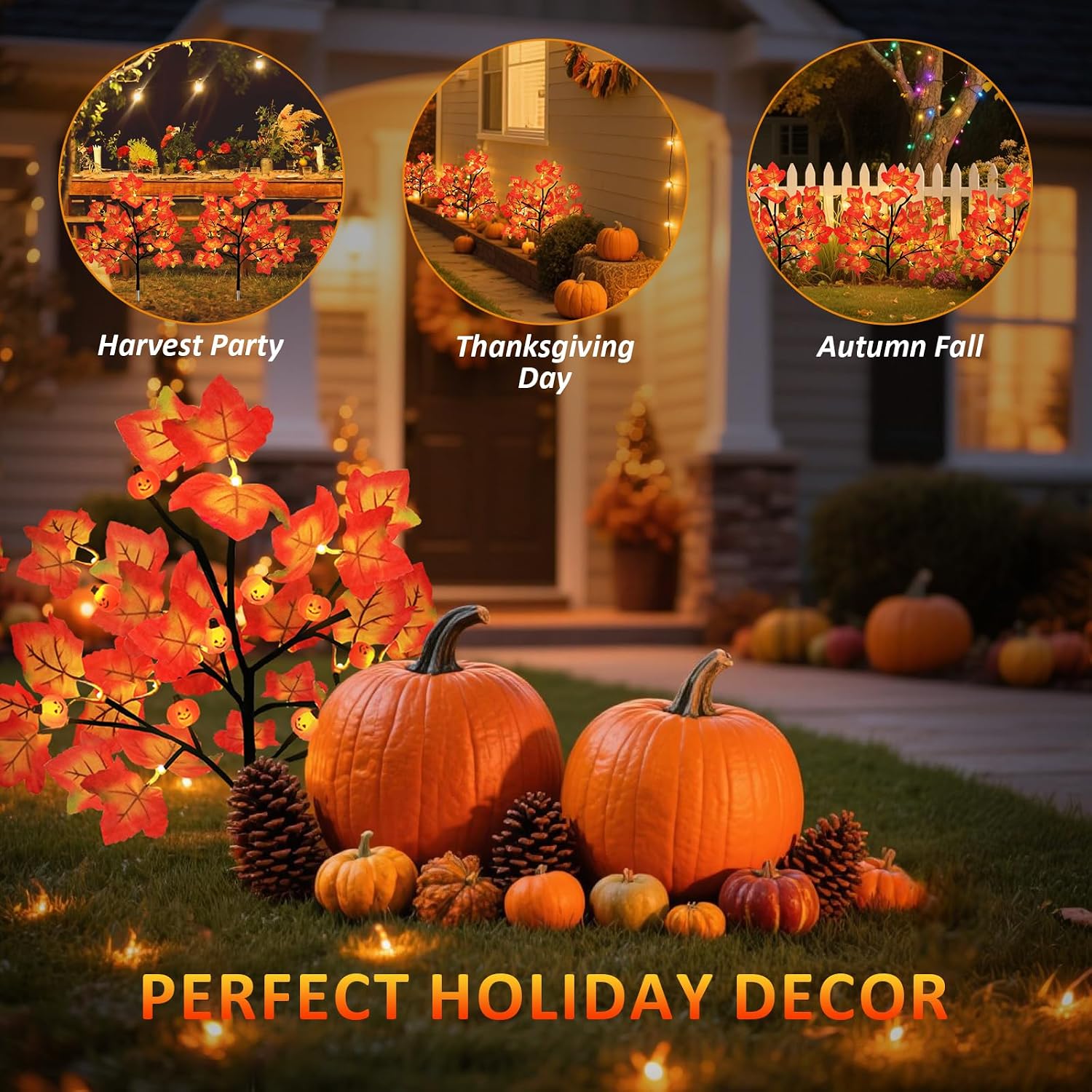 4 Packs Solar Fall Thanksgiving Decorations Outdoor, 80LED Maple Leaf Pumpkin Fall Lights for Outdoor Fall
