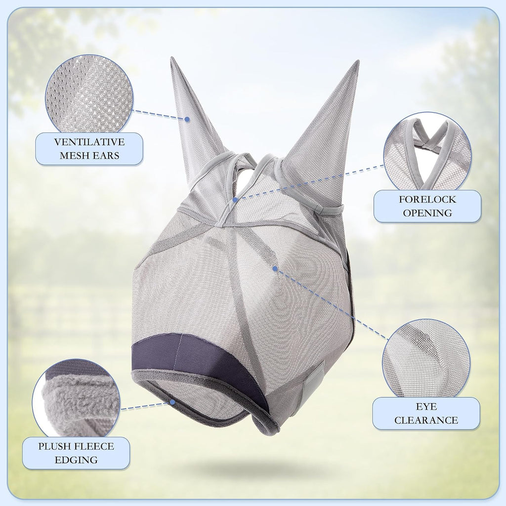 Horse Fly Mask with Ears - UV Protection Fine Mesh Super Comfort Fly Masks for Horses, Adjustable Breathability