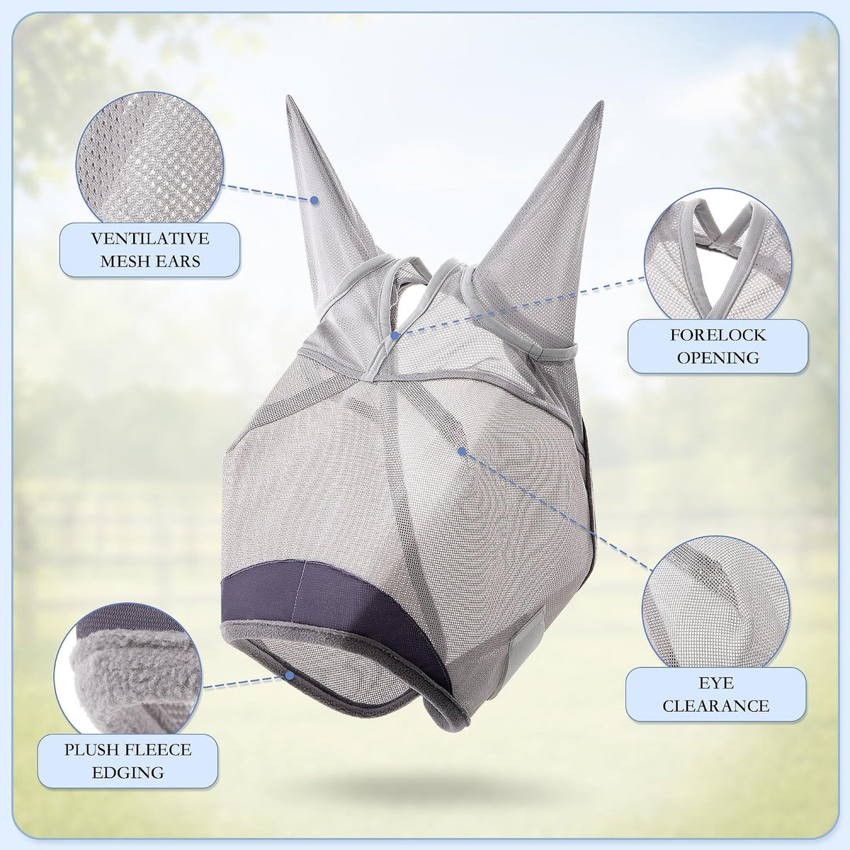 Horse Fly Mask with Ears - UV Protection Fine Mesh Super Comfort Fly Masks for Horses, Adjustable Breathability