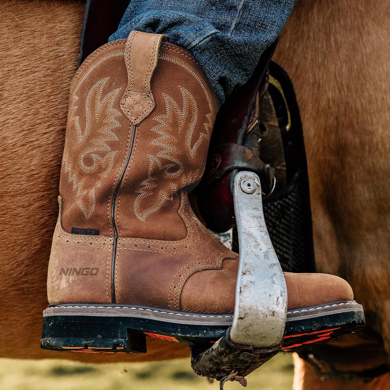 NINGO Steel Toe Work Boots for Men Square Toe Cowboy Boots Soft Toe | Full-Grain Leather Western Boots, Water & Slip