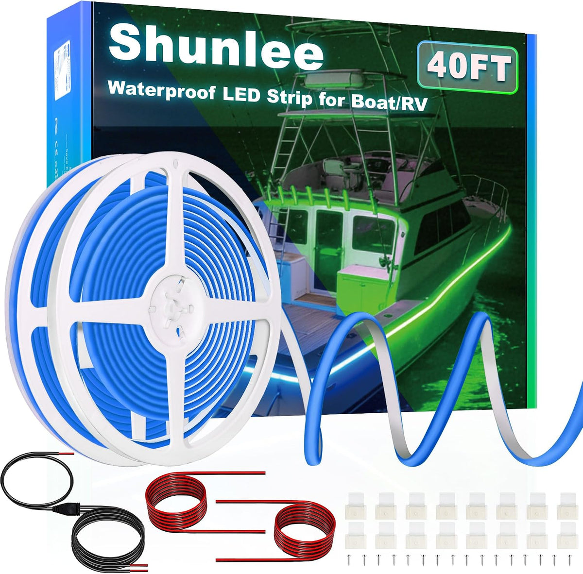 SHUNLEE 40FT Led Boat Lights Blue, IP67 COB Waterproof Marine Led Lights