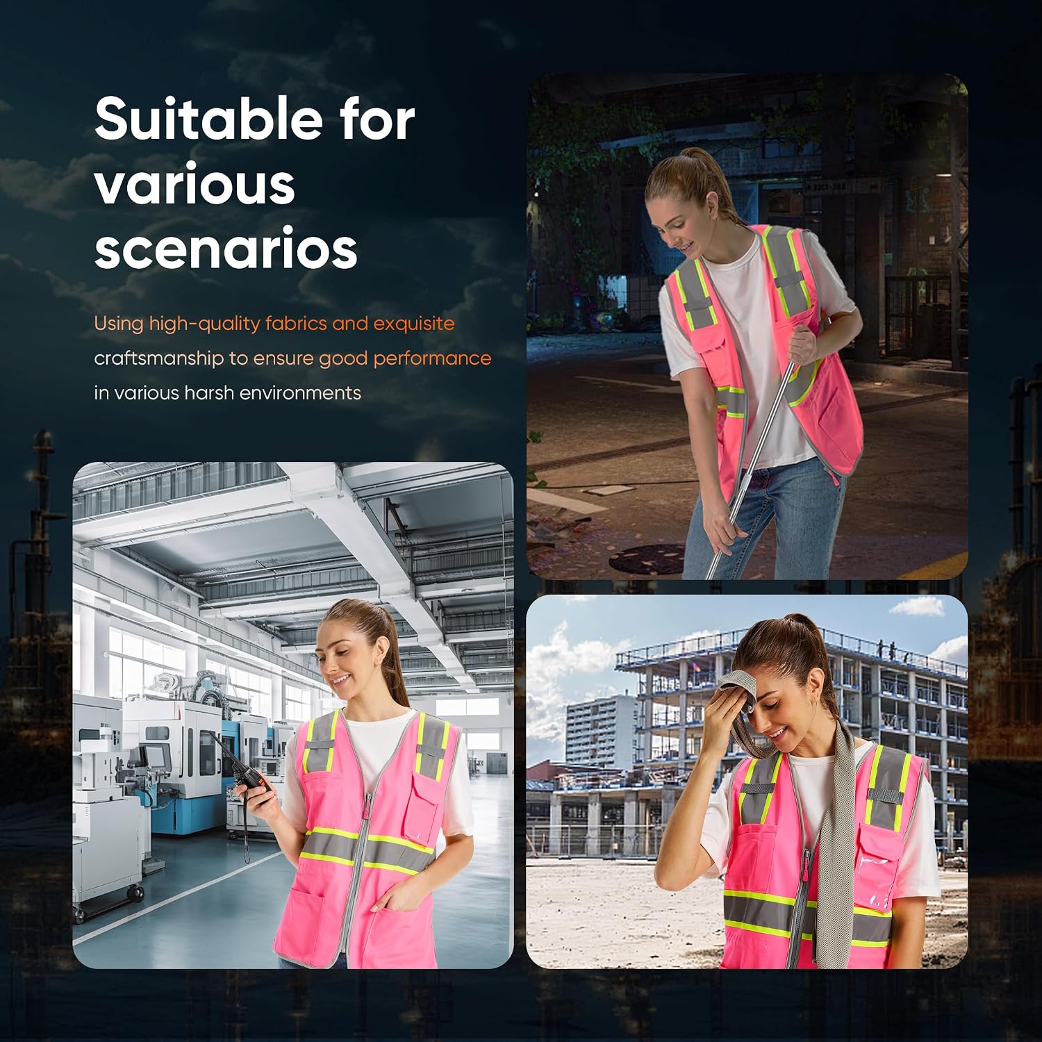 Hi Vis Safety Vest for Women, Working Drawstring waist Construction Vest with Pockets and Zipper, Womens Safety Vest