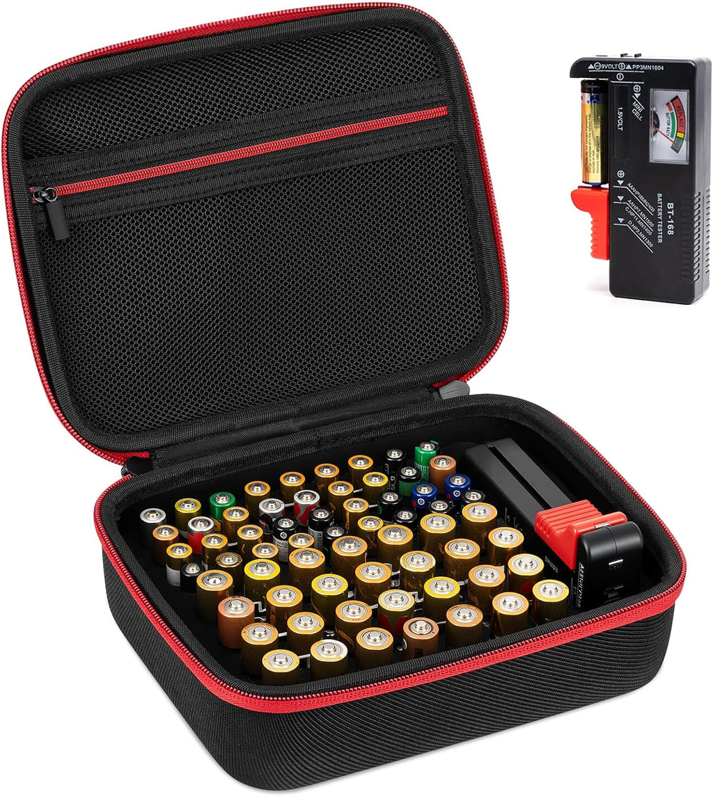 Battery Organizer Storage Case with Tester, Hardshell Portable Checker Carrying Case Holds Batteries AA AAA AAAA C D