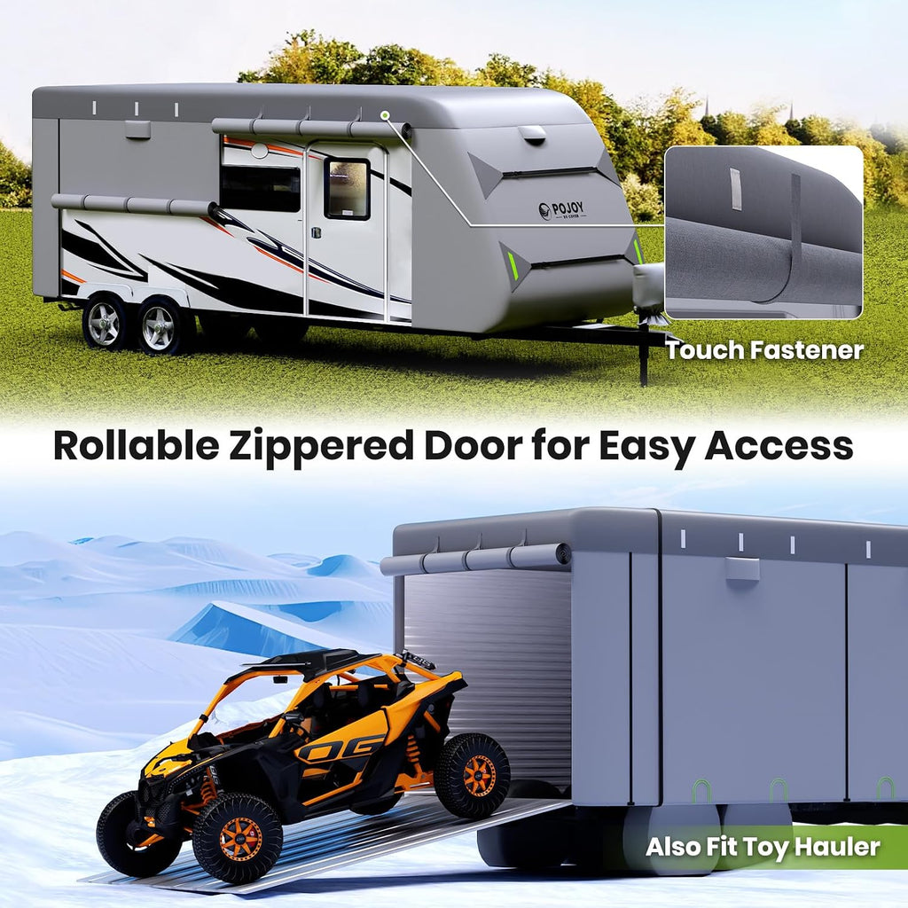Waterproof Windproof RV Travel Trailer Cover, Anti-Rip Anti-UV 600D Oxford Fabric Camper Cover - with Tongue Jack