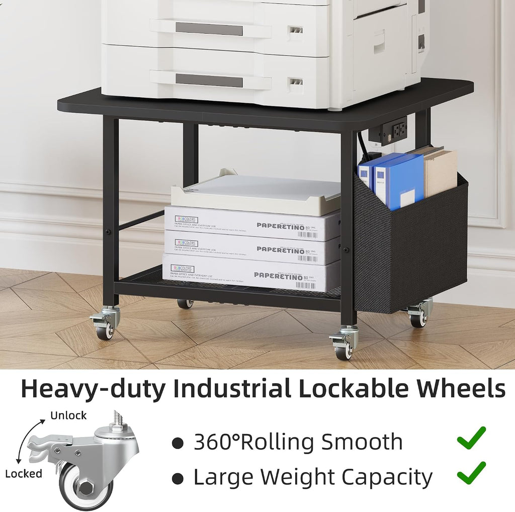 23.6" Large Printer Stand with Power Outlet,3D Printer Table,Black | Heavy Duty Rolling Cart for Home Office,Storage