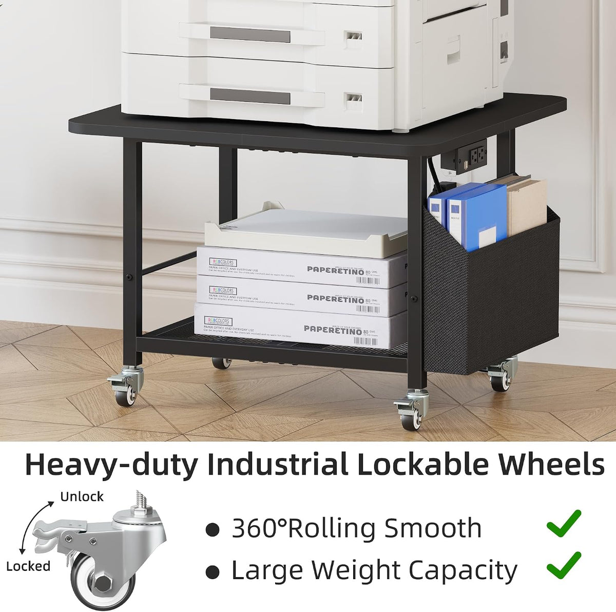 23.6" Large Printer Stand with Power Outlet,3D Printer Table,Black | Heavy Duty Rolling Cart for Home Office,Storage