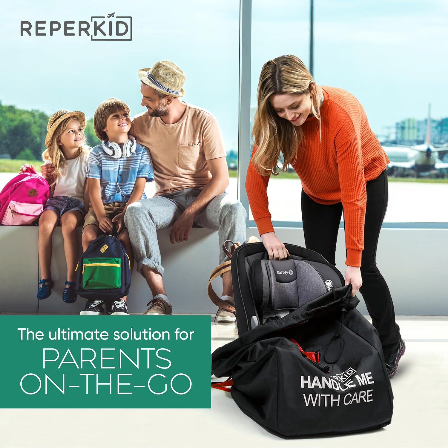 Car Seat Travel Bag for Airplane, Black and Green, 33" H x 18" W x 18" D, Fits Most Convertible, Booster and Infant