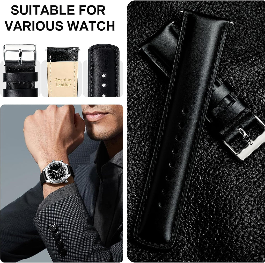 Leather Watch Strap - 18mm 20mm 22mm Genuine Watch Bands, Quick Release Watch Band Replacement Wristband for Men Women