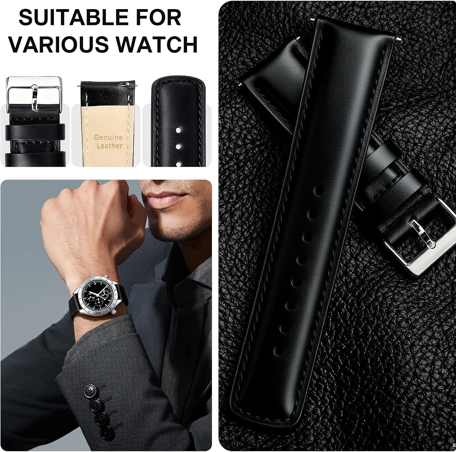 Leather Watch Strap - 18mm 20mm 22mm Genuine Watch Bands, Quick Release Watch Band Replacement Wristband for Men Women