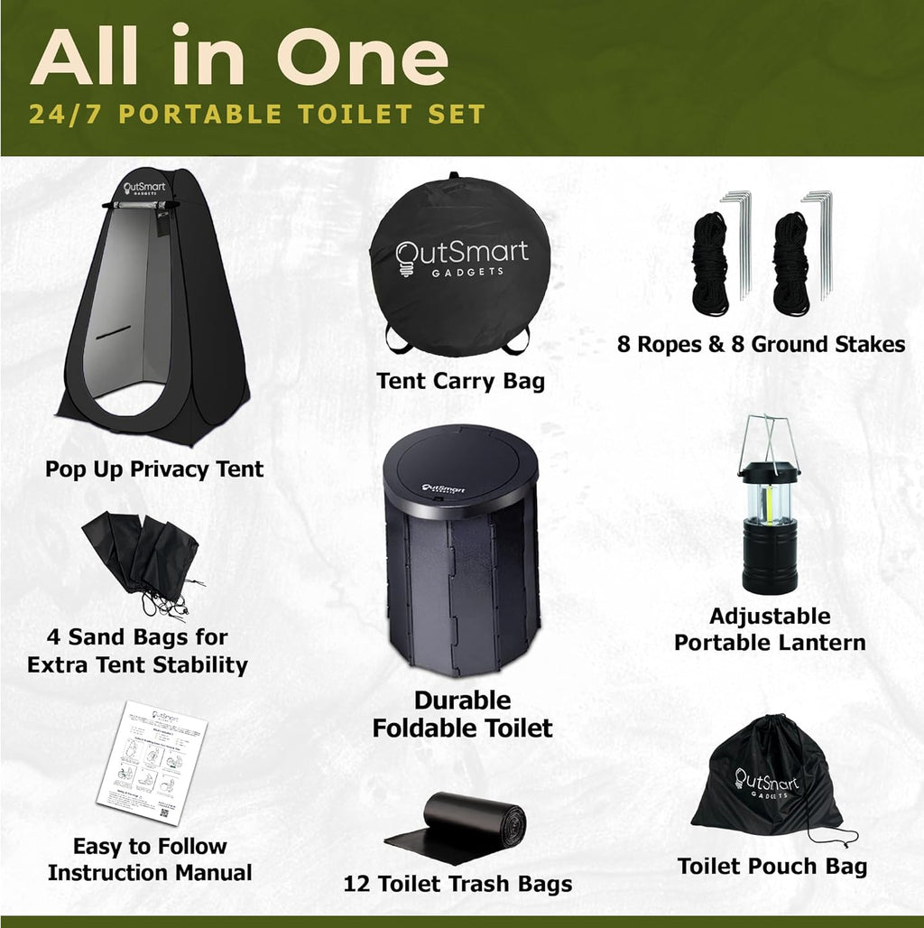 Outdoor Portable Toilet Set for Adults with Camping Night Lantern, Folding XL Toilet, Pop Up Privacy Tent and Carry