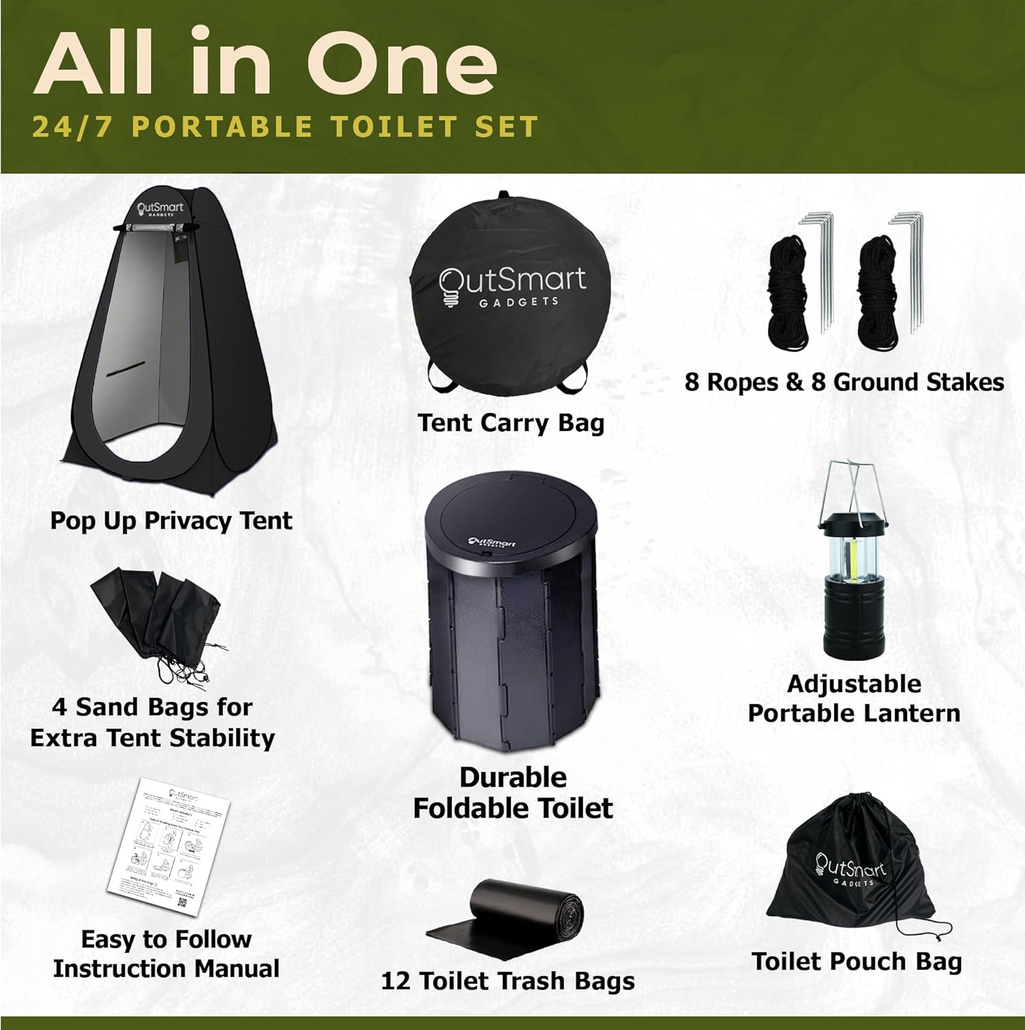 Outdoor Portable Toilet Set for Adults with Camping Night Lantern, Folding XL Toilet, Pop Up Privacy Tent and Carry
