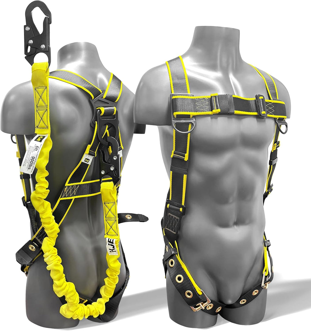 Safety Harness Fall Protection Kit - Construction Roof Full Body Harness w/Detachable 6FT Shock Absorbing Lanyard &