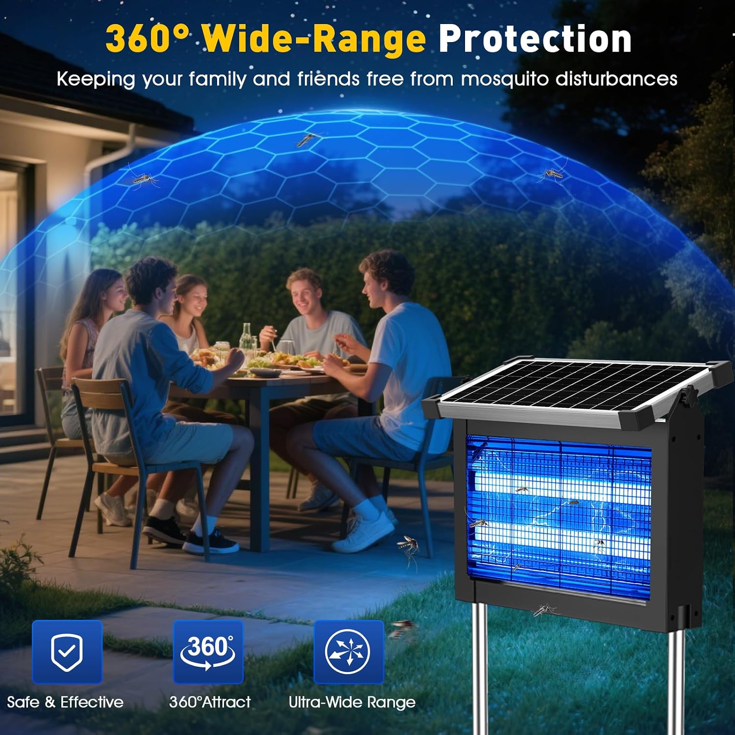 Solar Bug Zapper Outdoor, 4500V Solar Mosquito Zapper Outdoor Waterproof, 1/2 Acre Coverage Rechargeable Electric Fly