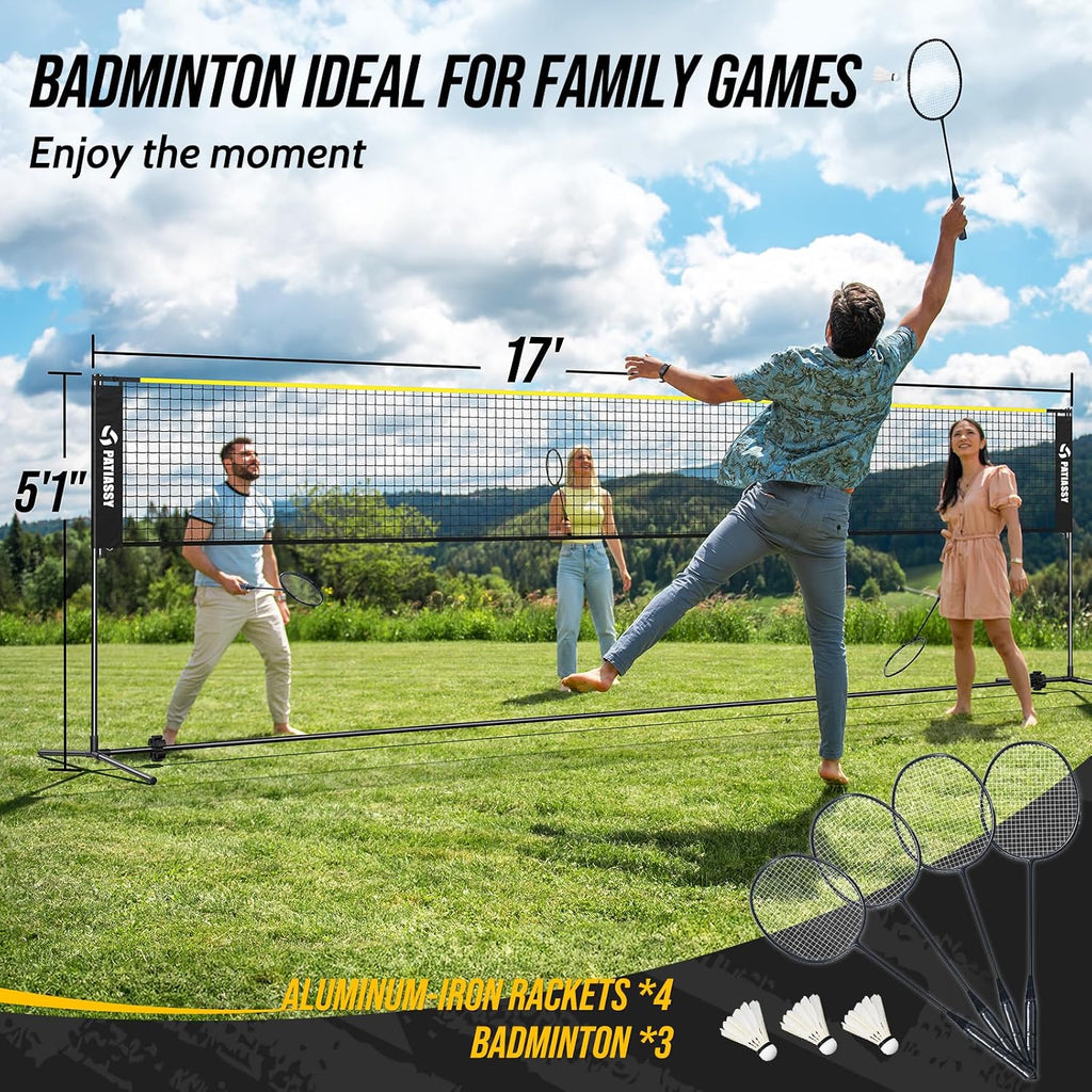 3-in-1 Badminton Volleyball Pickleball Net Set Adjustable Height | Backyard Outdoor Games, 17FT Portable Net, Height