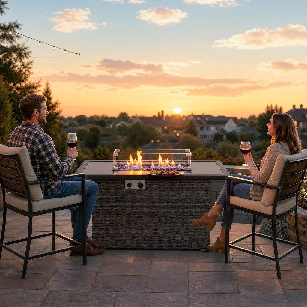 44" Propane Fire Pit Table with Tempered Glass Top, Lid, Brown