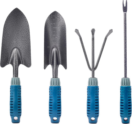 4 Piece Garden Tool Set Heavy Duty, Gardening Hand Tools Work No-Slip Grip Trowel Transplanter Weeder Hand Rake